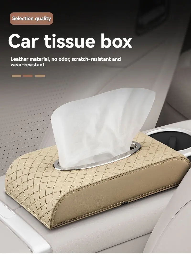 heavy duty pu leather car tissue box organizer beige mounted tissue dispenser with for front rear seats compatible with most vehicles luxury interior accessory Product details 0
