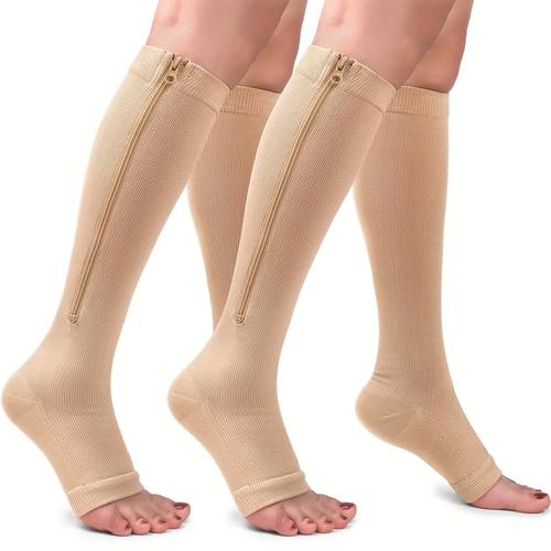2 paare kompressionsstrümpfe mit reißverschluss - dicke kniehoch-stützstrümpfe für männer und frauen, atmungsaktives nylon, ideal für radfahren und sport, linderung von krampfadern, maschinenwaschbar, sport-kompressionsstrümpfe | reißverschlussstrümpfe | bau