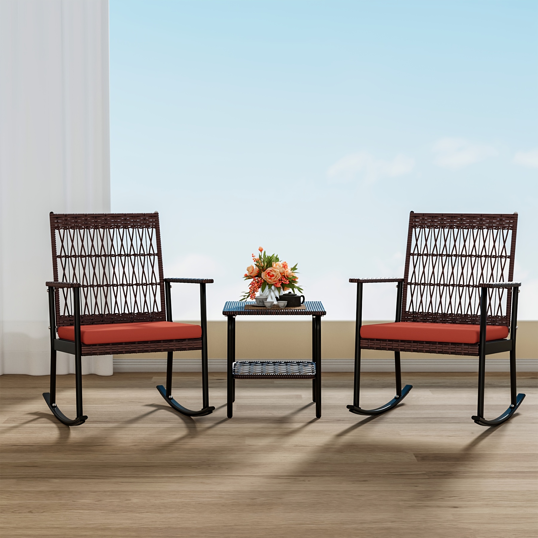 3pcs Outdoor Patio Furniture Set, Outdoor Rocking Chairs Set Of 2, Wicker Furniture With Cushions And Coffee Table For Garden, Balcony, Backyard