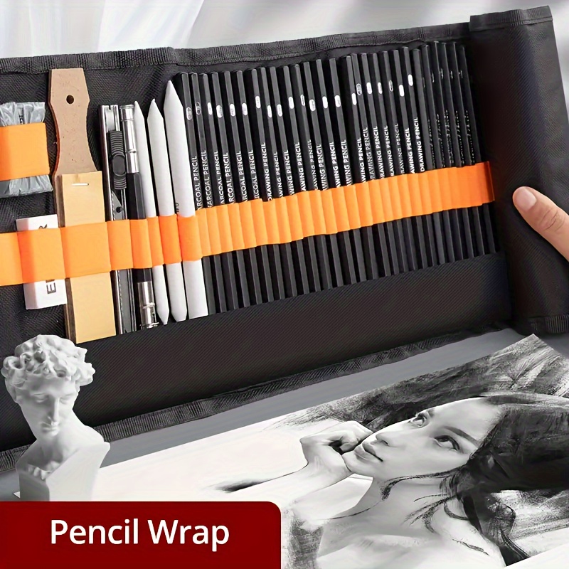 27pcs sketch pencils set sketching kit roll up canvas wrap bag drawing art supplies charcoals kneaded eraser pencil case details 6