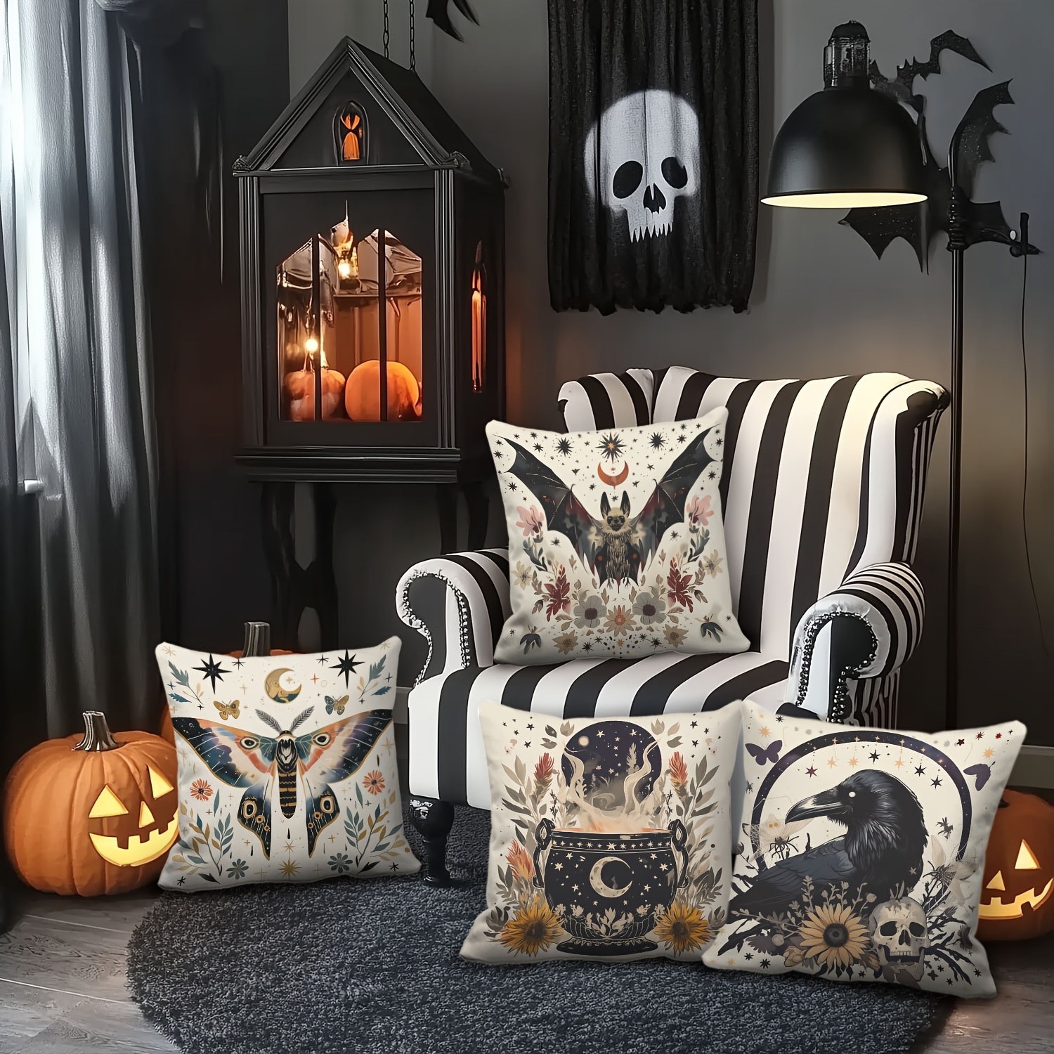 

4-pack Halloween Throw Pillow Covers 18x18 Inch, Gothic Moth, Bat, Crow, Design, Polyester Velvet, Zippered, Machine Washable, Vintage Style, Printed, Sofa & Living Room Decor, Polyester Fabric