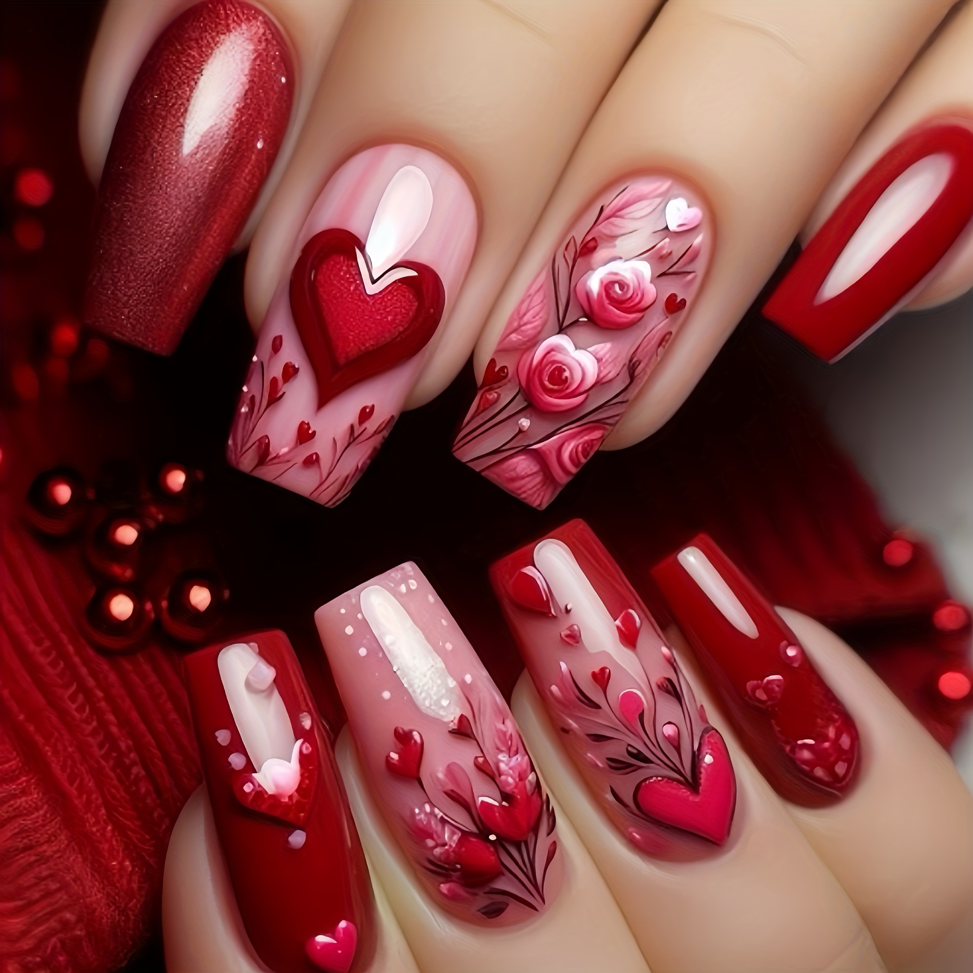 

24pcs Of Medium And Long Ballet Nails, 's Day Red Heart Pattern Fake , And Summer Full-covering Nail Art, Suitable For Girls And Women