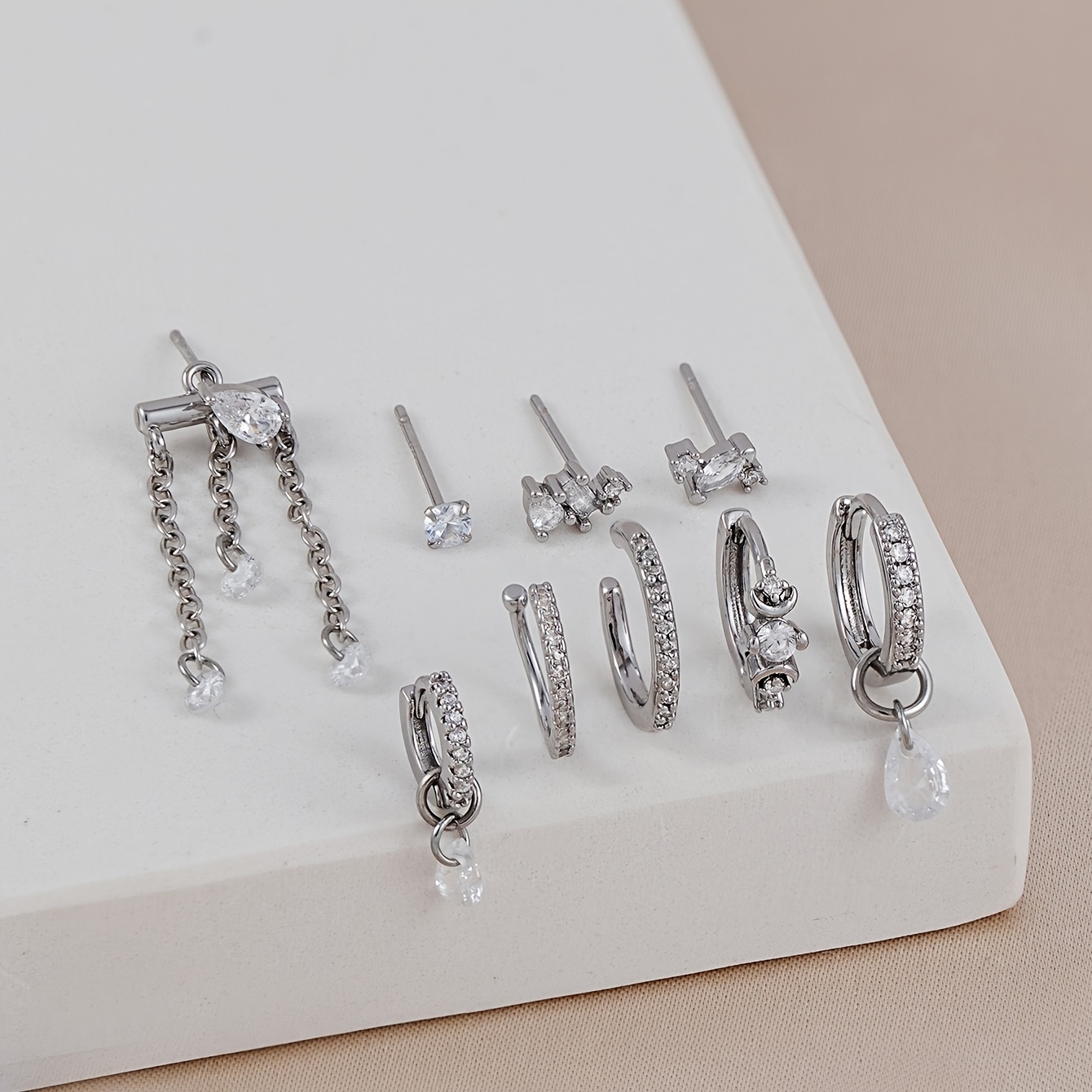 TEMU 9pcs Simple And Stylish Earrings, Vintage Teardrop Inlaid Synthetic Synthetic Zirconia Tassel Drop Earring Set, Suitable For Women's Banquets,