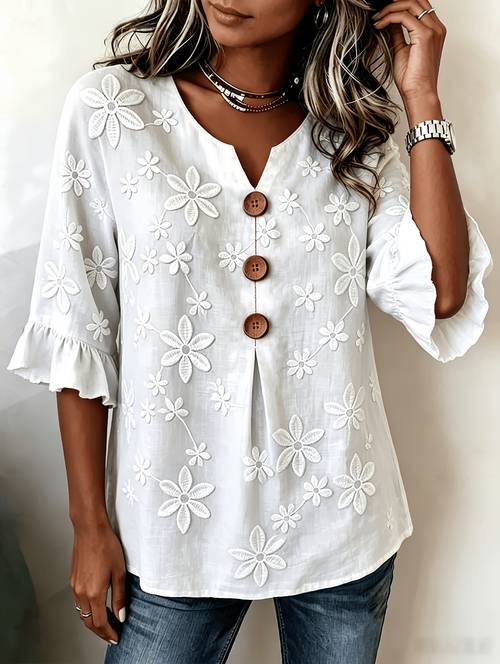 womens floral v neck notched hem embroidered commuting daily summer pretty blouse