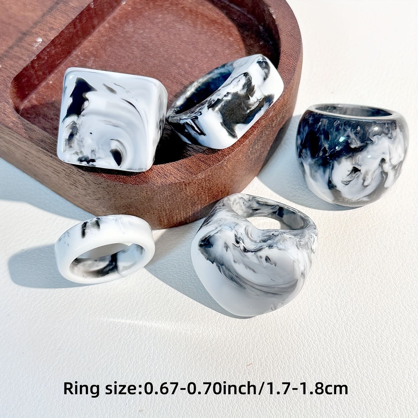 5pcs Resin Ring Set for Women Vintage Ink Pattern No Plating