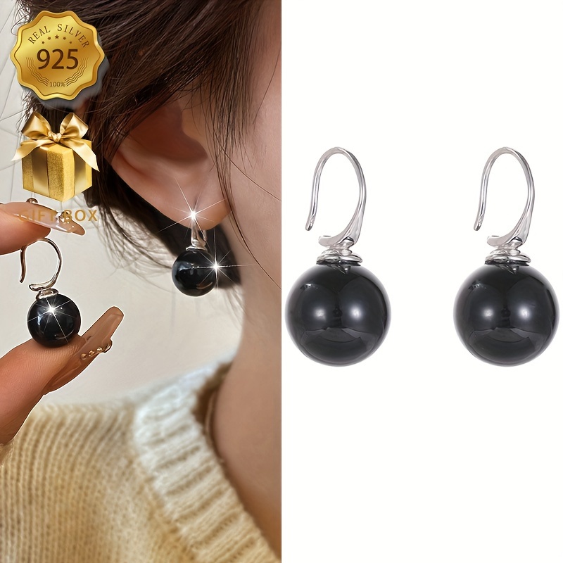 

Elegant Black Agate Ball Drop Earrings In 925 Sterling Silvery - Hypoallergenic, & Gifting With Gift Box