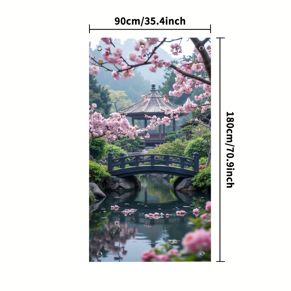 TEMU 1pc, Bannière de fête, rideau de porte, fleurs et pont en bois, protection de l'intimité, décoration festive, parfait pour diverses décorations