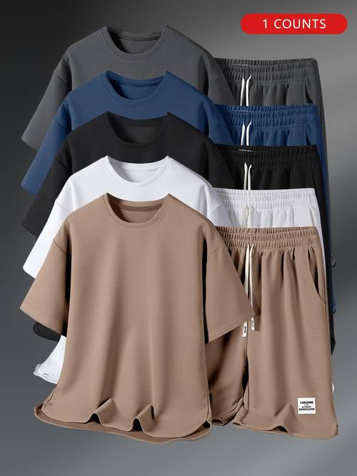 mens plus size spring summer outdoor casual sports short sleeve and shorts set geometric pattern crew neck regular fit with pockets plus size