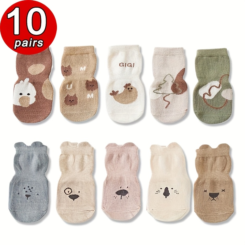 10 Pairs Cute Cartoon Pattern Mid-calf Socks With Dot Glue, Anti-slip Walking Suitable For