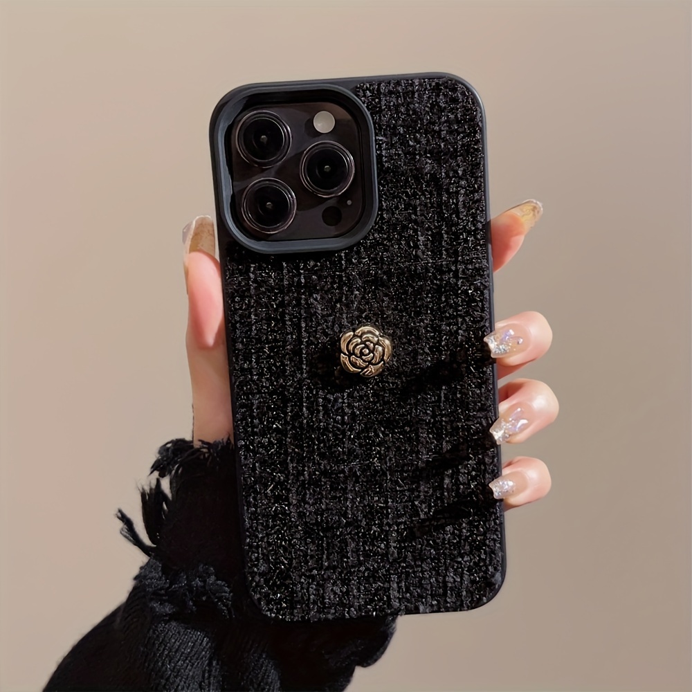 

Black Velvet + Metal Camellia, Suitable For Anti-drop Protective Case, Unique, Cute, Creative, Simple, Niche For Iphone 15 14 13 12 11 Pro Max.