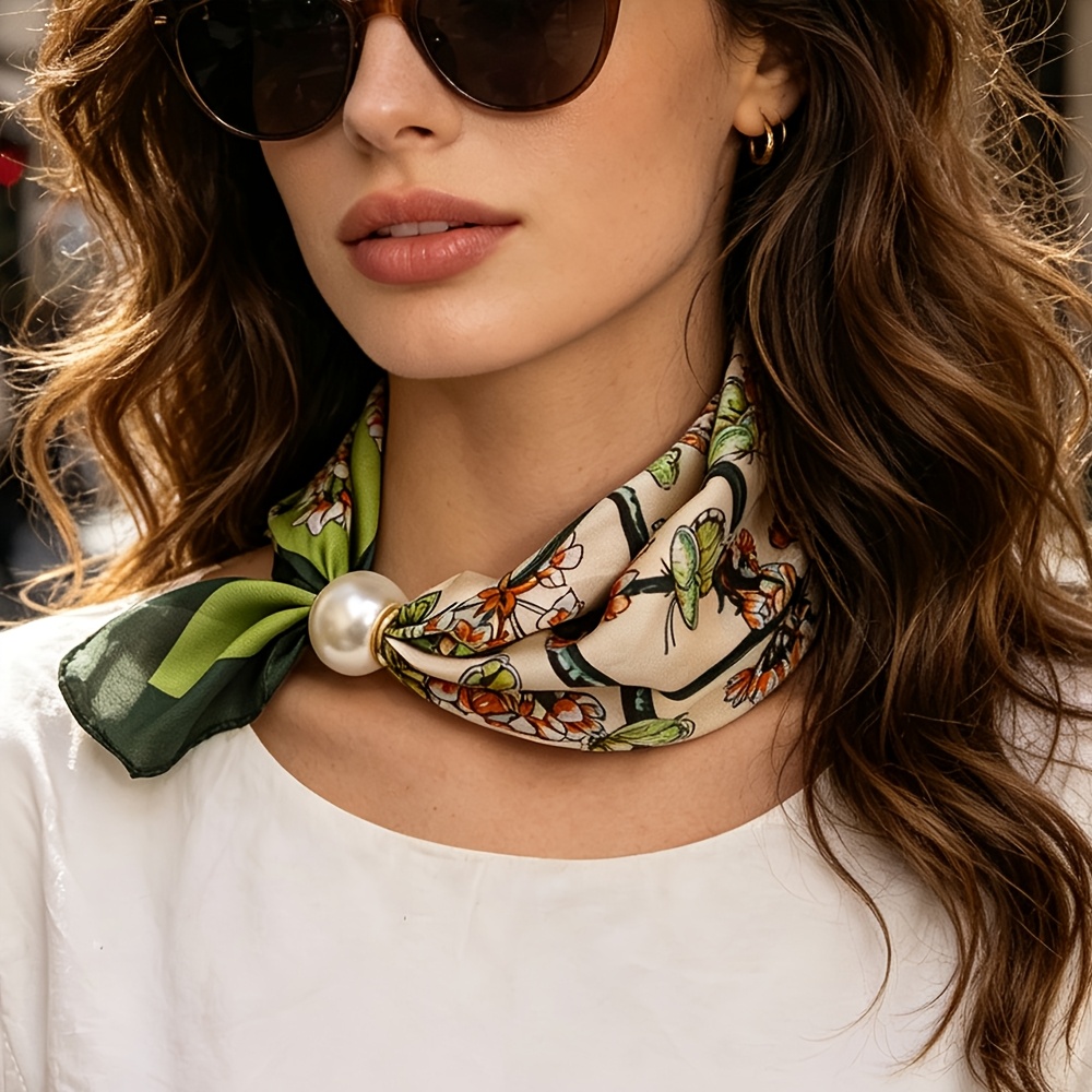 TEMU Faux Satin French Vintage Scarf Suitable For Neck Protection & Cover, Elegant Collar Accessory With Print Patterns, Retro Suitable For , Office,