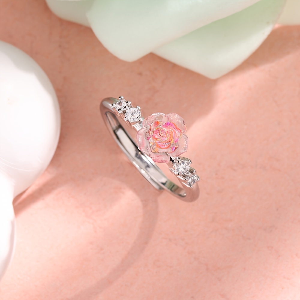 Adjustable Pink Rose Women's Ring with Sparkling Stones