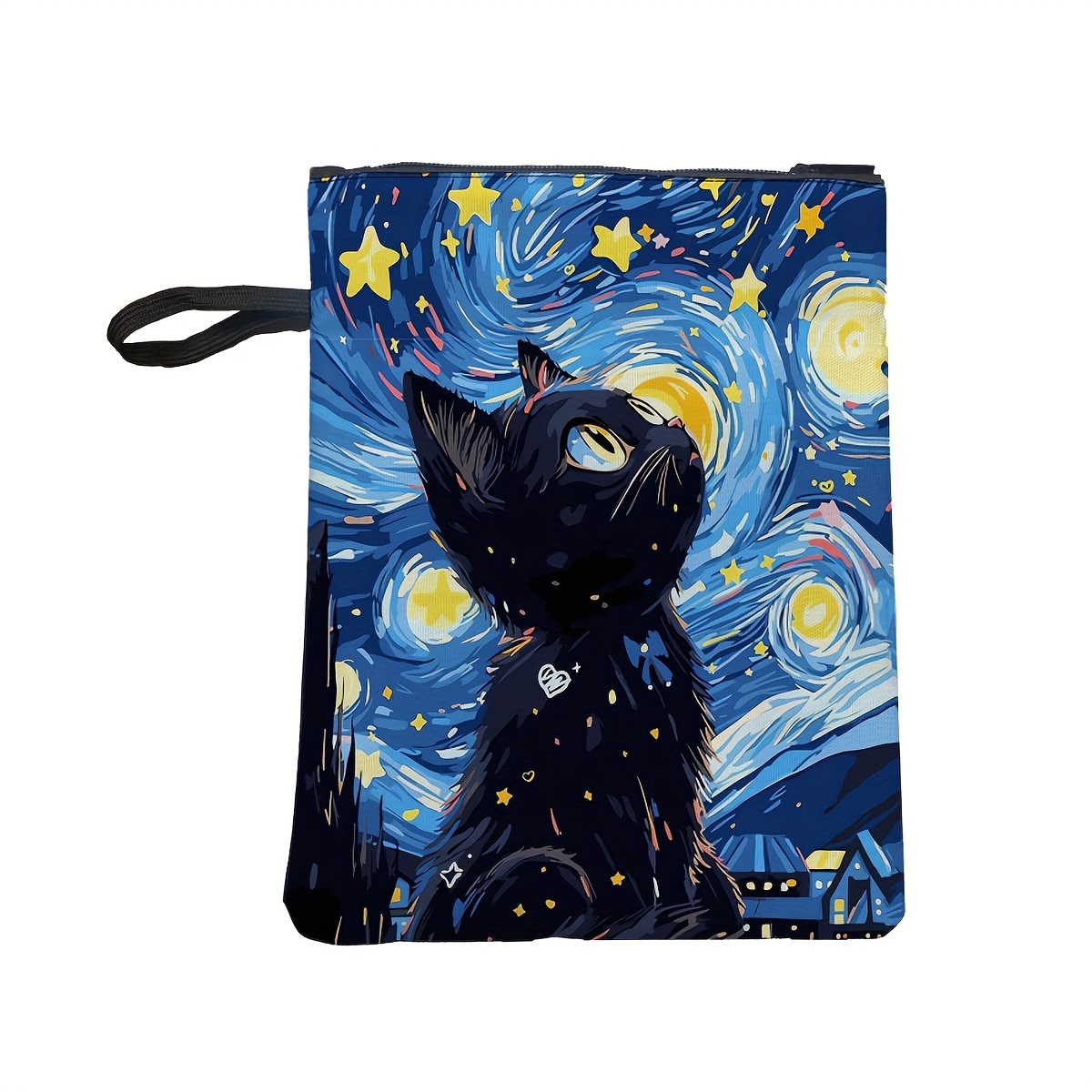 

Starry Night Black Cat Book Cover With Zipper, Pvc Waterproof, Extra Pocket, Washable Fabric - Medium 11 X 8.7 Inches For Teens, Adults, , Teachers, Students