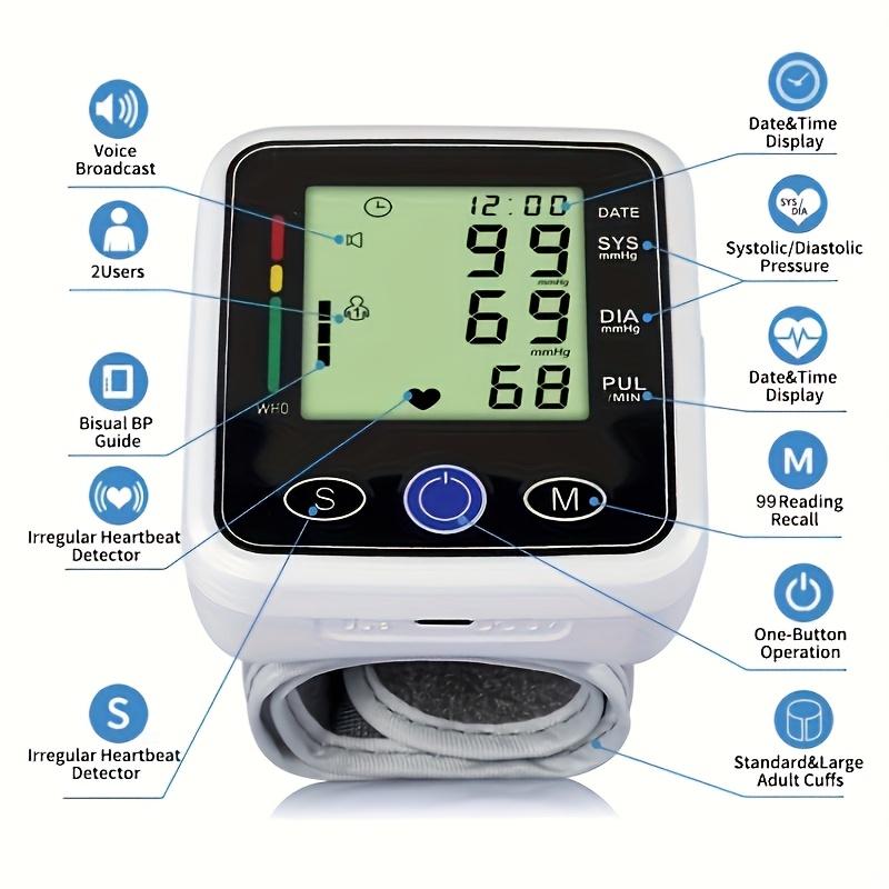 wrist   lcd audio broadcast high blood pressure and irregular heart rhythm detector   adjustable cuff battery powered battery not included protects   of the elderly and is a good gift for family   Product details 5