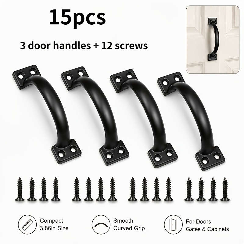 TEMU 3pcs Black Door Handles + 12 Screw Set, 98mm/3.86inch Garden Door Handles, Suitable For Wooden Doors, Outdoor Pull Handles, Cabinet Doors,