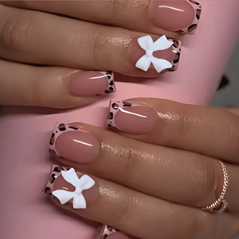TEMU 24pcs Leopard Print French Short Square 3d Three-dimensional White Bow Press-on Nail Manicure Nail Patches Free 1pc Jelly Glue 1pc Nail File