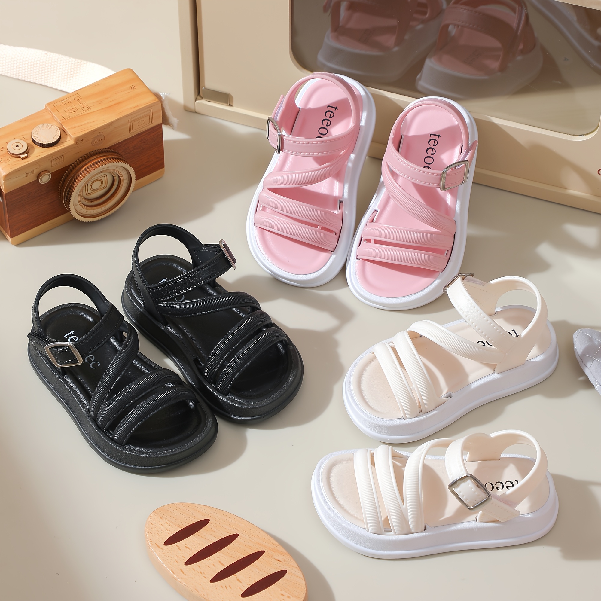 TEEOEC Girls' Sandals - Lightweight Breathable PVC with Adjustable Straps, Thick Cushioned Sole & Tassel Details - Durable Summer Beach Shoes for Youngsters & Youngsters (Black & Pink), Cute Sandals, Everyday Youngsters Wear, Casual Youngsters Footwear, Sweet Style Footwear, Insole, Minimalist Design, Soft Material, Youngsters Footwear