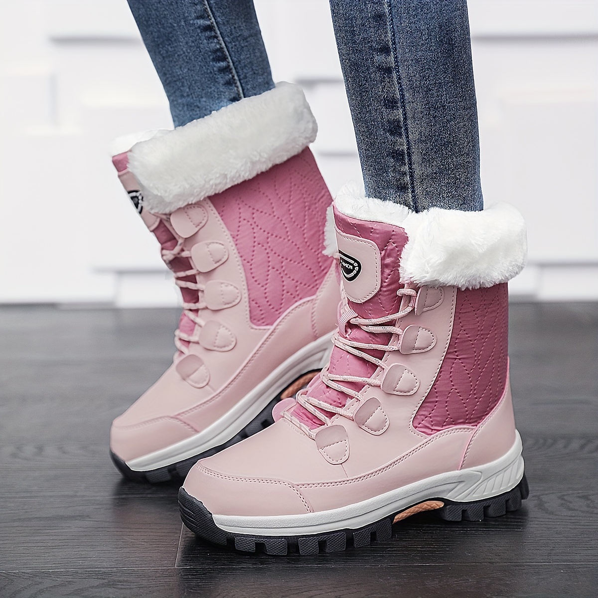 womens winter snow boots pink fur lined warm thickened Temu