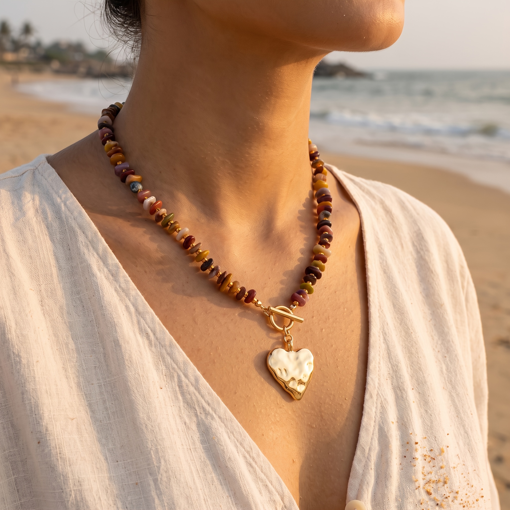 TEMU 1pc Mixed Color Flat Stone Beaded Necklace With Textured Metal Heart Pendant, Women's Neck Jewelry, Warm- Natural Stone Accessory With Ot Clasp,