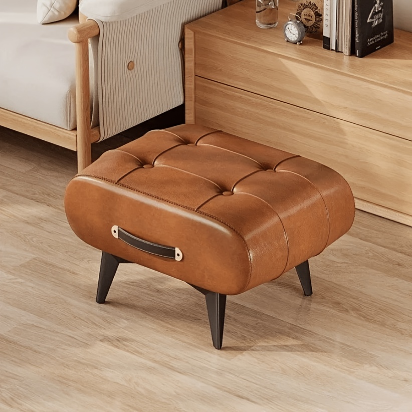 Image of Faux Leather Footstool With Portable Handle - Ottoman Pouffe Seat, Modern Coffee Table Stool & Foot Rest For Living Room, Small Square Padded Bench