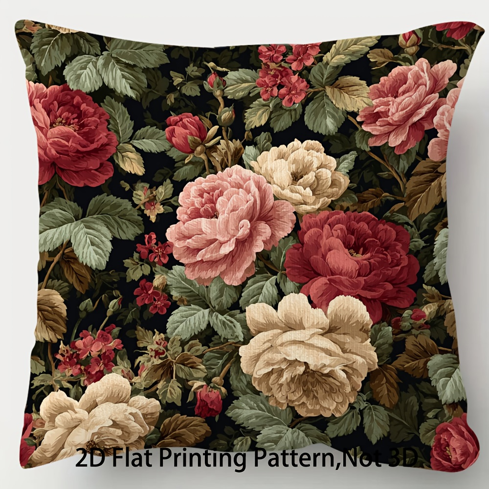 TEMU 2D - 1 de almohada decorativa de felpa corta, en 2D y de cara, con un diseño floral vintage, que mide 18 pulgadas por 18 pulgadas, ideal para la