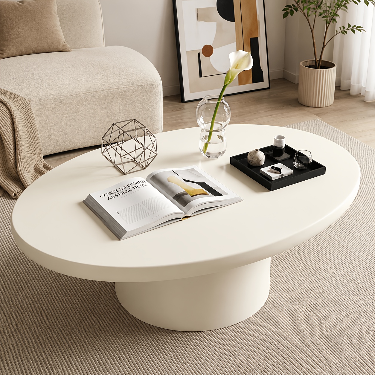 TEMU Modern Oval Coffee Table - Milky White Hardwood, Easy Assembly For Small Spaces, Living Room & Table, Coffee Table For Living Room, Minimalist