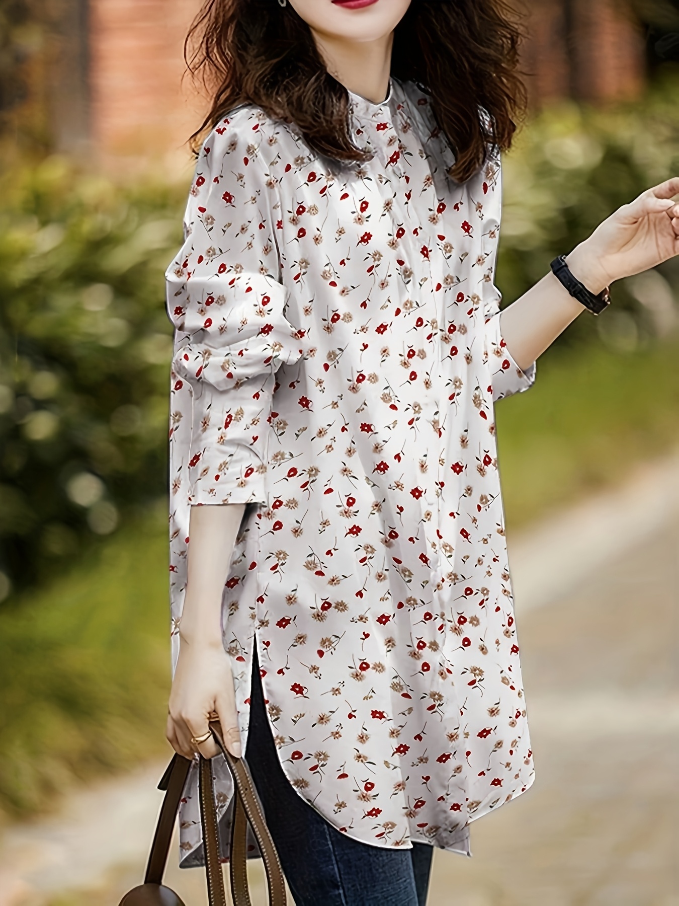 Women'S Elegant Long Sleeve Floral Print Blouse with Side *-Up Shirt  for Casual Office Wear, Stand Collar, Regular Fit, Spring/Fall