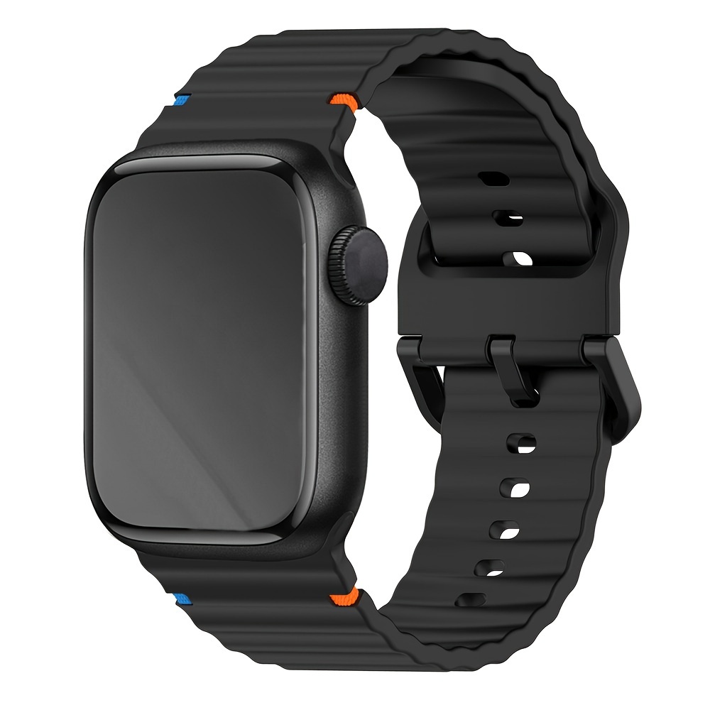 

Sporty Silicone Watch Band For Apple Watch Series 10/9/8/7/6/5/4/se - Adjustable , Black With Accents, Sizes 46mm To 40mm, & , Apple Watch Accessories