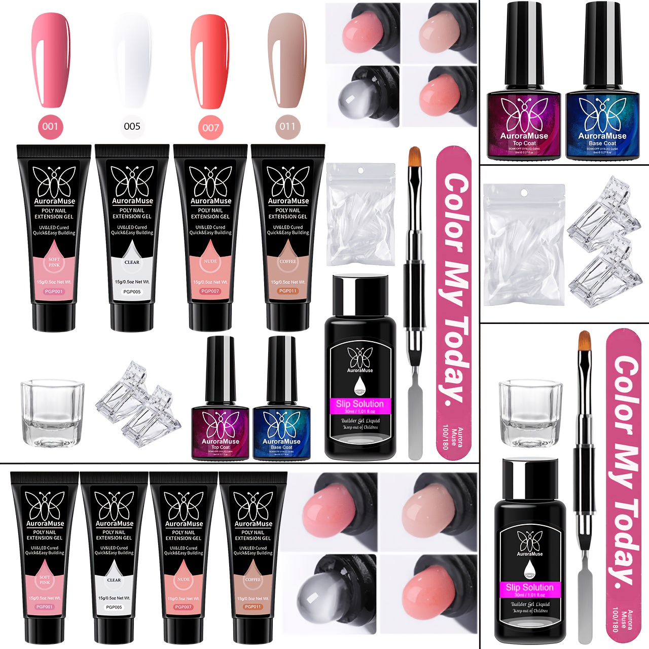 Auroramuse 13pcs Complete Poly Nail Gel Kit - Builder Gel For Acrylic Construction With Base Coat, , Slip Solution, Dual Nail Forms, Nail File & Brush Spatula Tool, Complete Nail Art Set For Beginners