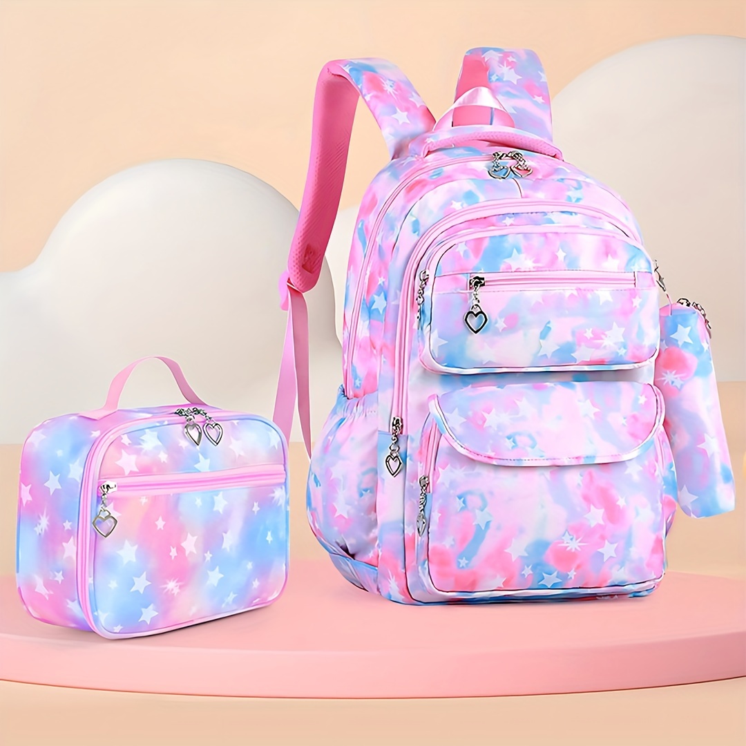 

3pcs/set Schoolbag Set For Teens, Multi-layer Student Backpack With Love Shaped Zipper Slider, Handbag, Pencil Pouch, Travel Bag Set