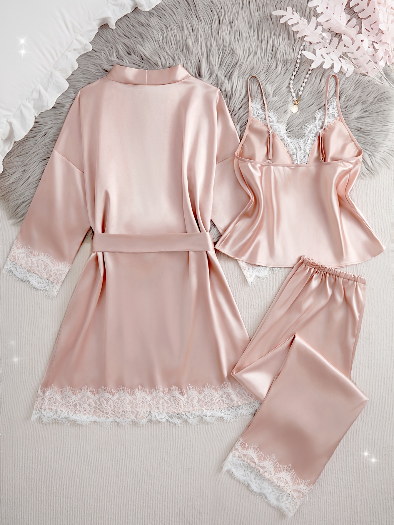 4pcs solid color contrast lace pajama set with thin straps camisole top elastic long pants loose robe with belt womens comfortable pajama and casual wear set   v neck long sleeve long length adult size casual wear set   robe elastic waistband robe Product details 6