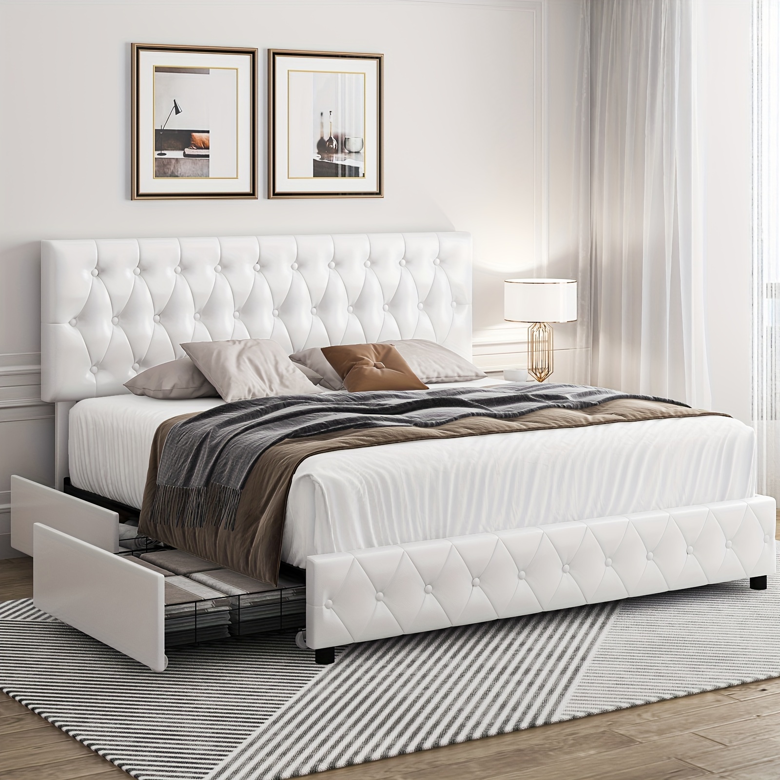 Modern Upholstered Bed Frame with 4 Storage Drawers, Platform Bed Frame with Button Tufted Headboard, Solid Wooden Slat Support