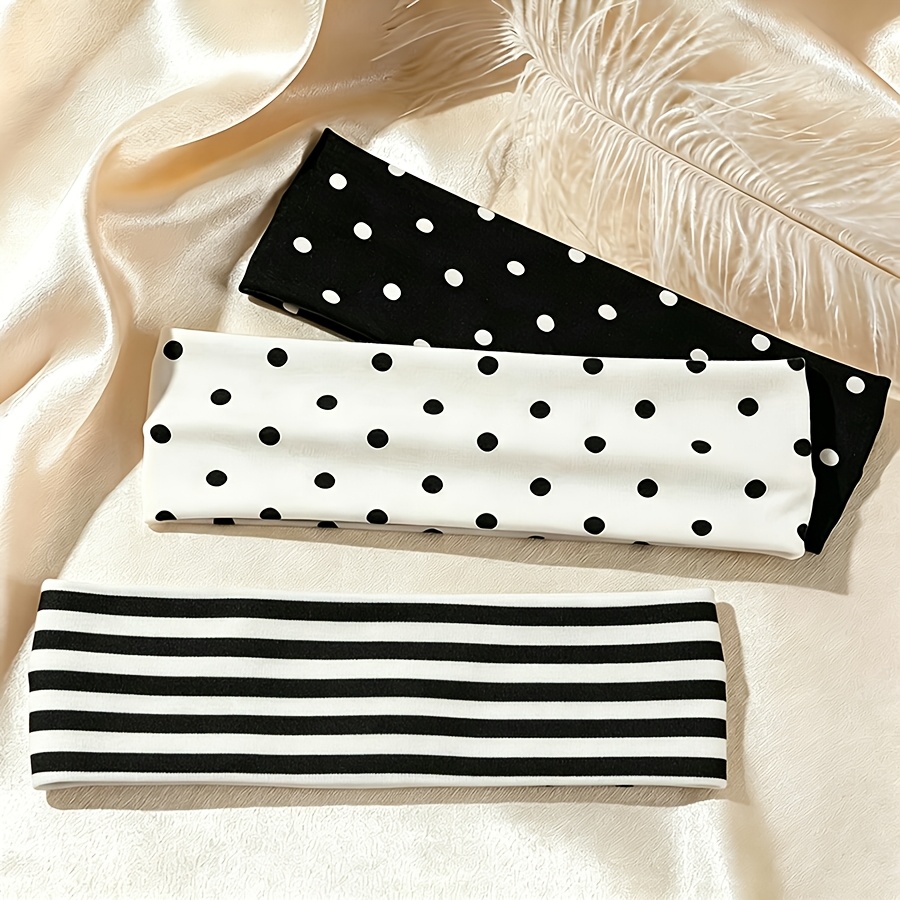 TEMU 3pcs Women's Elastic Headbands Hair Scarves - Black & White Polka Leopard Print Hair Suitable For Daily Wear, Yoga, Fitness, Travel, Ponytails,