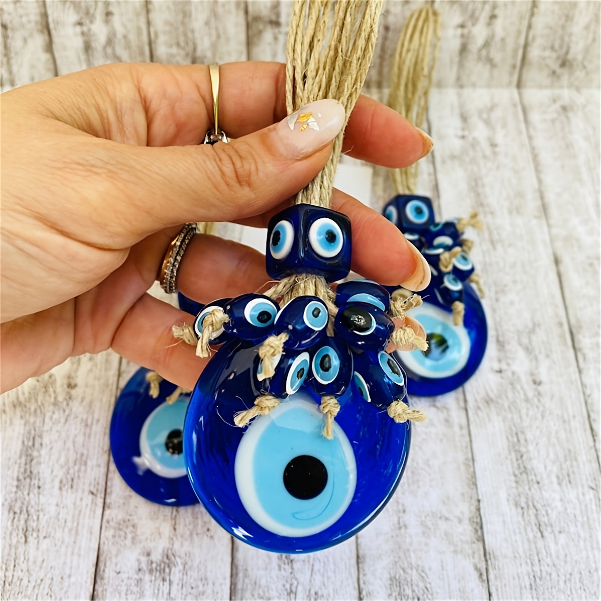 

Handcrafted Turkish Evil Eye Pendant - Unique Blue Eye Charm For Wall, Car & Home Decor - Gift With Multiple Oval Beads - Protective Amulet