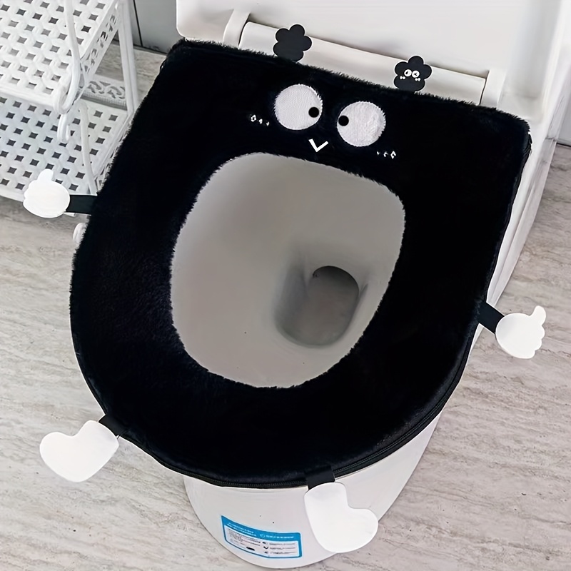 TEMU かわいいキャラクター黒い石炭ボールトイレシートクッション＆カバー - 超ソフロファイバー、遊び心のある目と親指アップデザイン、付き、オール用バスルーム装飾、快適な座り心地、おしゃれなキャラクター、手入れ簡単、家族向け