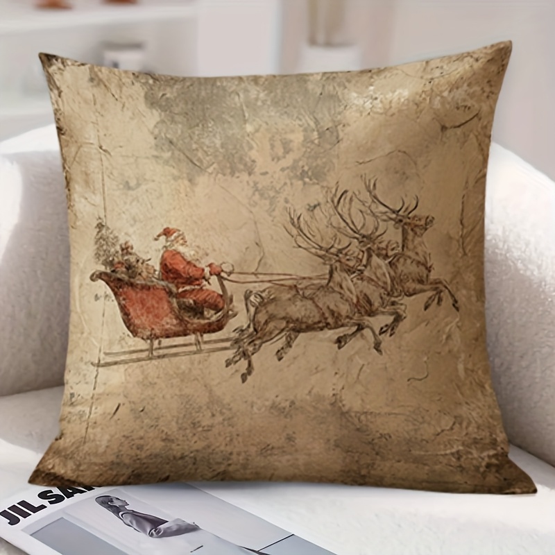 TEMU 1pc Vintage Santa Claus Sleigh & Reindeer Plush Cushion Cover - Beige/brown Zippered Machine-washable Sofa Pillowcase Suitable For Home, Office,