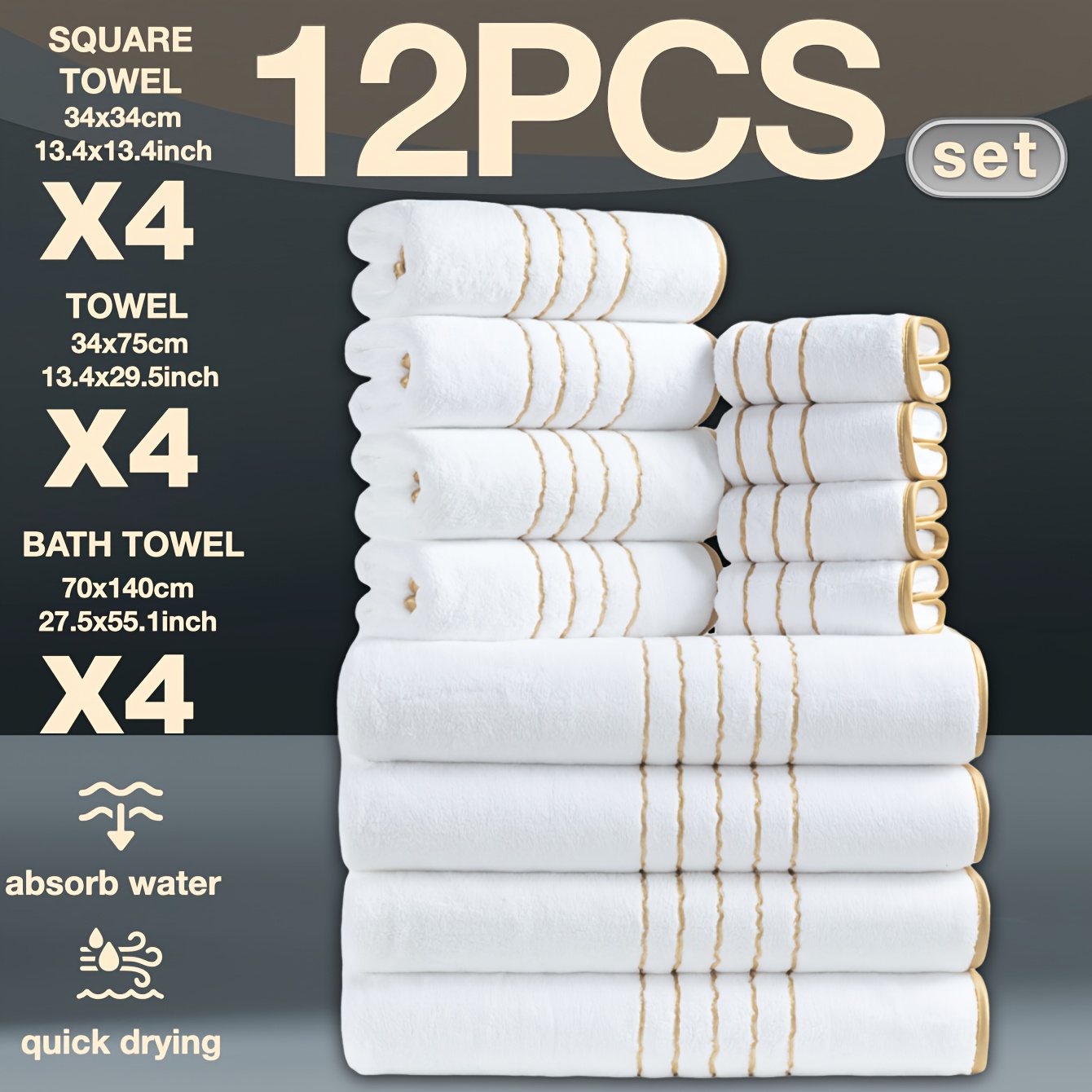 TEMU 12pcs Set Of Light Luxury Golden-thread Golden-trimmed Coral Washcloth, Towel, And Bath Towel Set, Including 4 Bath Towels (27.5 X 55.1 Inches),