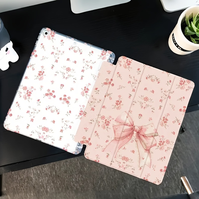 TEMU 1pc Pink Bow Floral Folding Flip Stand Pen Slot Anti-slip Adjustable Kickstand Foot Holder Flexible Hybrid Protective Case For Ipad Air 4th/air