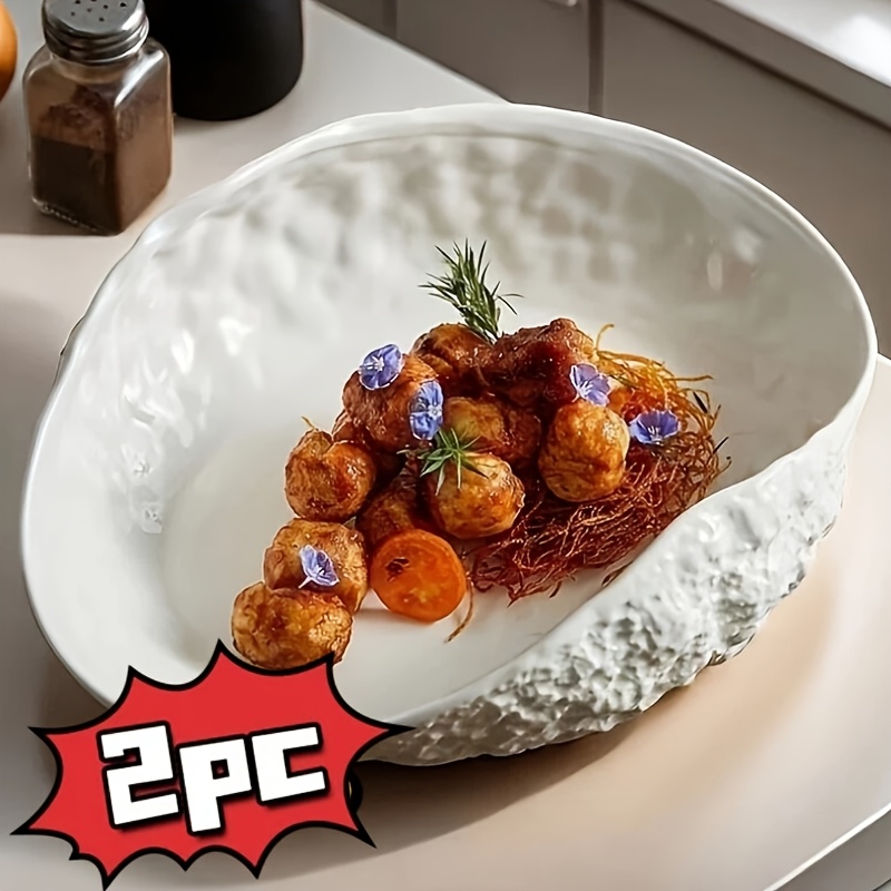 изображение предмета набор из 2 керамических суповых тарелок с узором камень и формой ракушки - безопасны для использования в микроволновой печи,   подходят для дома, уникальная и доступная посуда