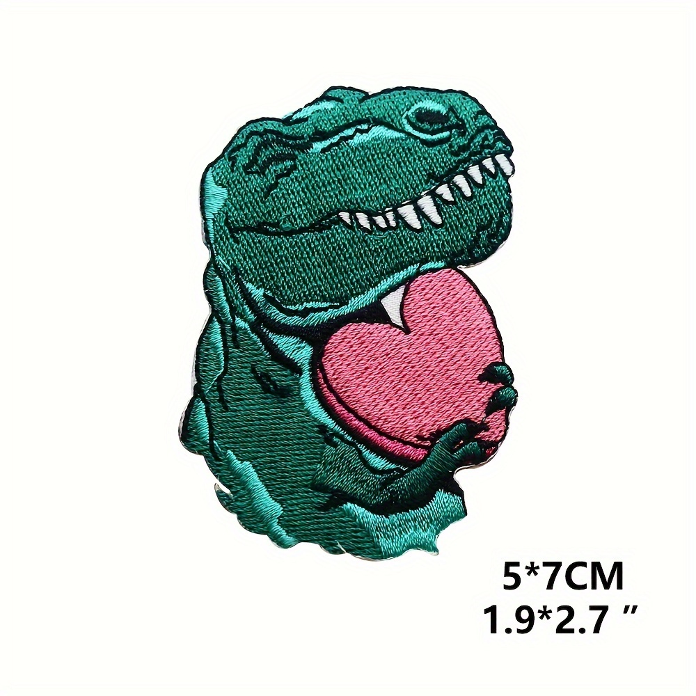 Image of 1pc Full Embroidery Cute Rex Dinosaur Patch Heart Repair Applique, Diy Craft Art Iron On Sew On Patch For Backpack, Jeans, Schoolbag, Clothing Accessories