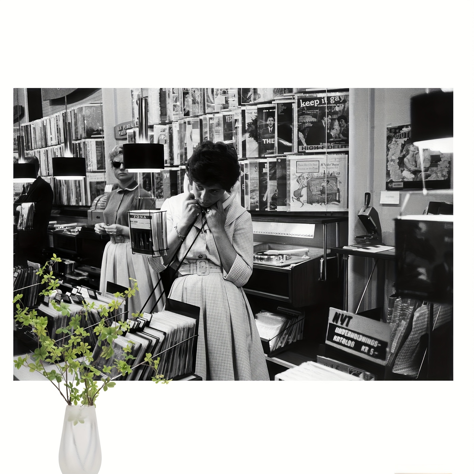 2d flat 1pc vintage copenhagen   wall art suitable for music lovers frameless canvas painting of   shop scene with two women browsing nostalgic danish decor for living room bedroom music themed room accent 2d flat