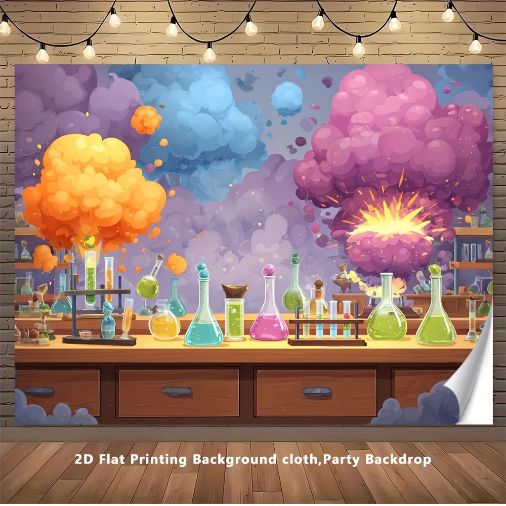 TEMU 2d Flat, 2d Flat Banner, 1pc Backdrop For Kids, Beakers, Test Tubes, Fun Explosions, Cartoon Style-suitable For Family Celebrations And