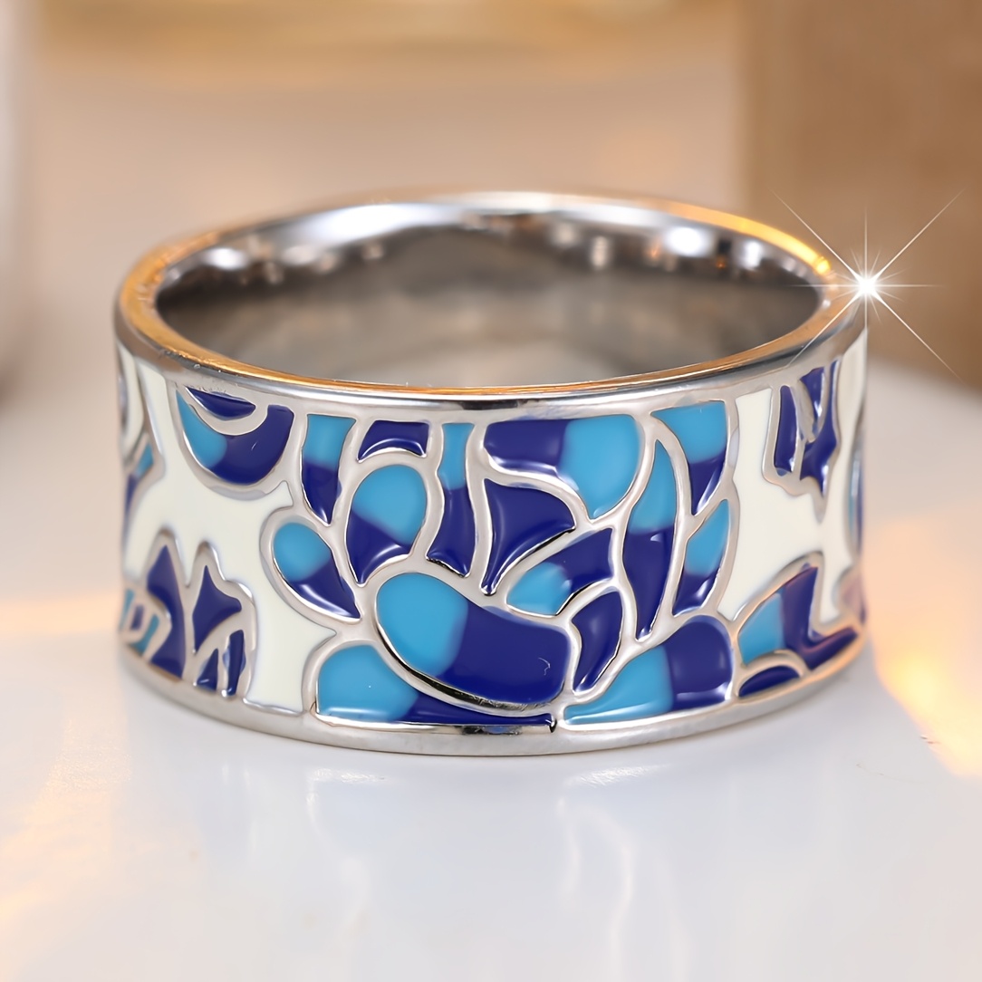 Women's Blue Floral Pattern Ring, Elegant Gift for Her