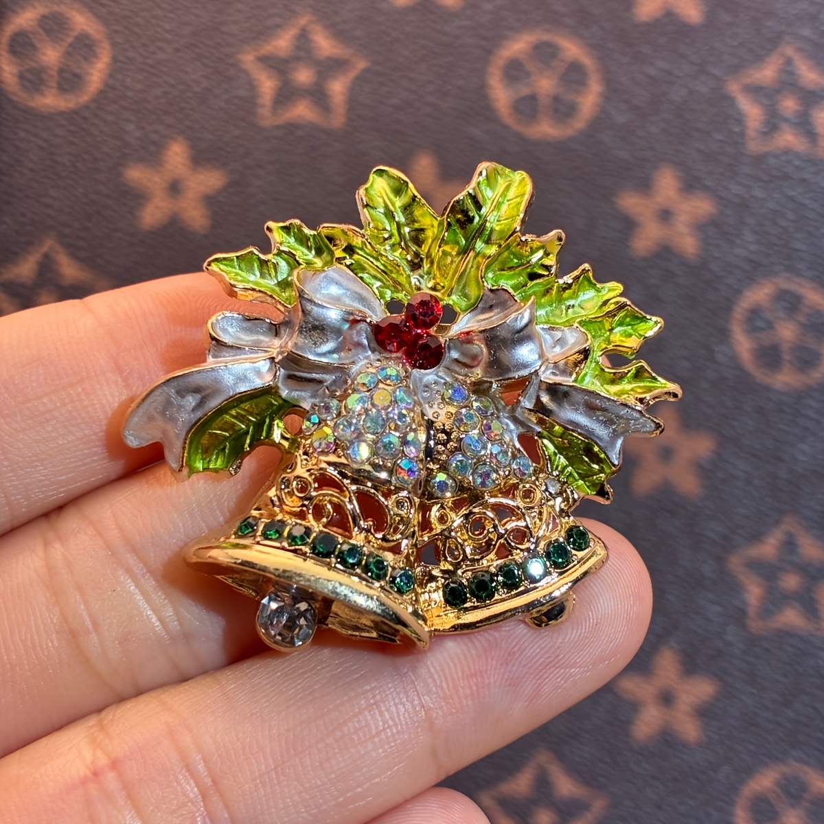 Sparkly Green Christmas Bell Brooch, Retro Pin