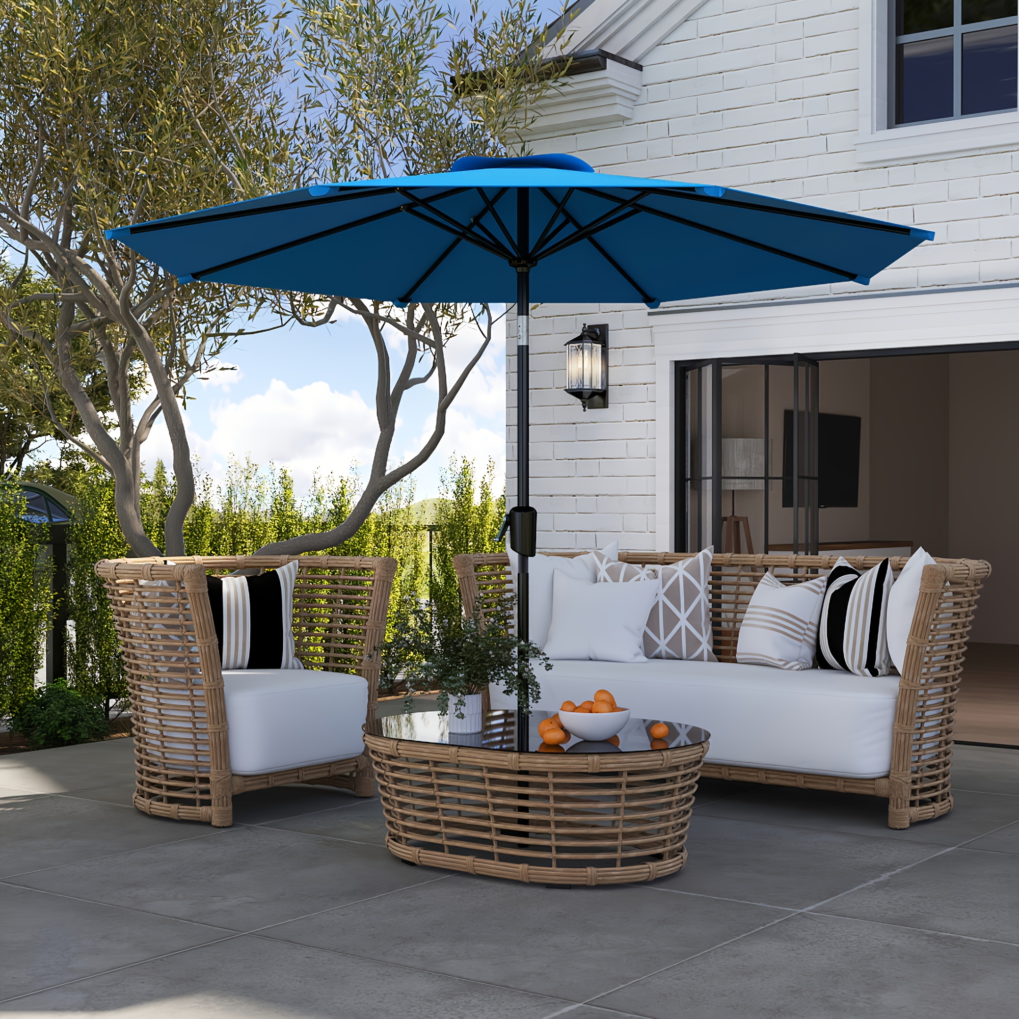 item picture large 9ft 10ft patio umbrella outdoor beach umbrella for table or freestanding manual crank lift tilt adjustable height metal frame polyester fabric 5 colors    