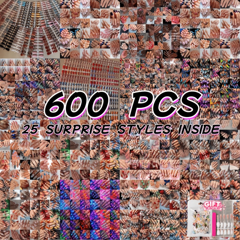 600pcs random 25 styles press on nails assorted   nails with mixed designs sizes and styles nail tips   pack for daily wear manicure   and nail art random gift included