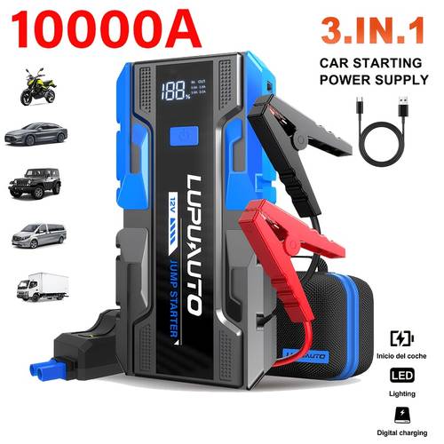 10000a automotive starter 12v pack with 3 mode flashlight and jumper cables suitable for cars motorcycles suvs pickup trucks