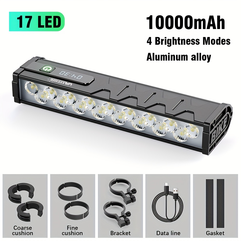 De VASTFIRE 17 LED fietslamp biedt een indrukwekkende 25500 lumen, wat een uitzonderlijke helderheid biedt voor het fietsen 's nachts. Deze USB oplaadbare aluminiumlegering lamp heeft een 180° breed straalveld en een digitale vermogensweergave.