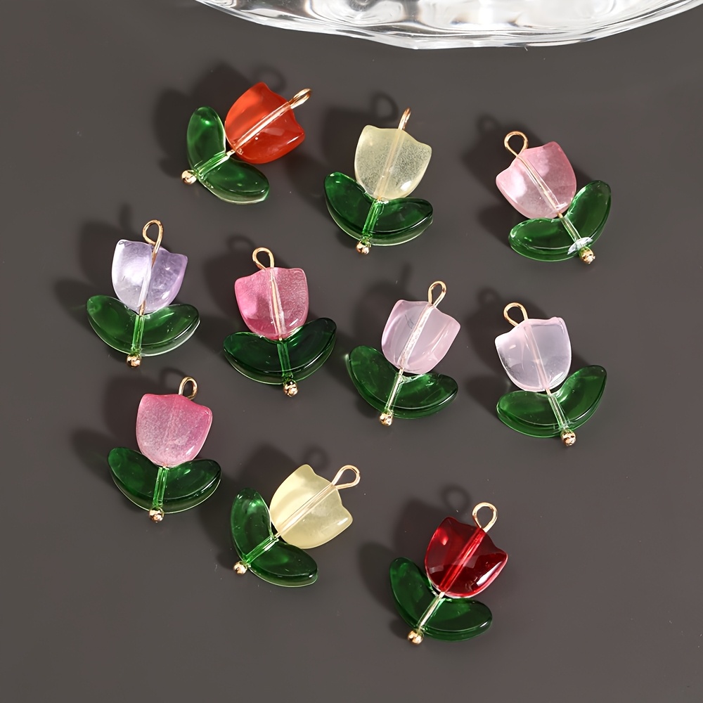 10pcs Random Color Tulip Flower, Glass Flower Pendant, For Making Necklace Earring Jewelry Accessories