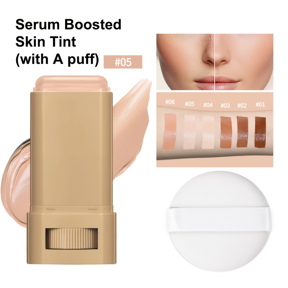 serum   skin tint with a puff foundation stick solid tinted   serum features a smooth texture that glides effortlessly   long lasting hydration compact and travel friendly suitable for   tints